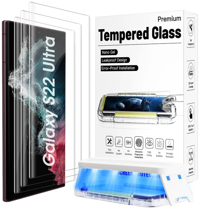 Main image of 3 Pack Full Curved Tempered Glass Screen Protector for Samsung S22 Ultra | Auto Alignment9H Hardness AntiScratch BubbleFree Full Curved Edge support UltraSonic Fingerprint Scanner and S Pen
