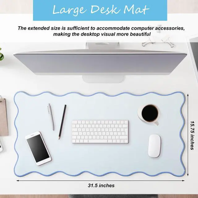 Alt view image 3 of 7 - Scalloped Desk Mat Large Desk Pad Cute Coquette Table Mat Back to School Preppy Table Make up Pad Nonslip Graduation Gift with Stitching Waterproof Gaming(Blue,31.5 x 15.8 Inches)
