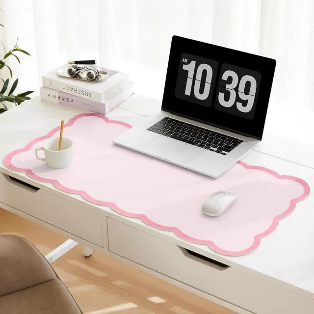 Main image of Scalloped Desk Mat, 31.5" x 15.7" Large Cute Aesthetic Desk Accessories, PU Leather Computer Laptop Desk Mouse Keyboard Pad, Desk Writing Mat for Vanity/Work/Home Decor (Pink, 31.5" x 15.7")
