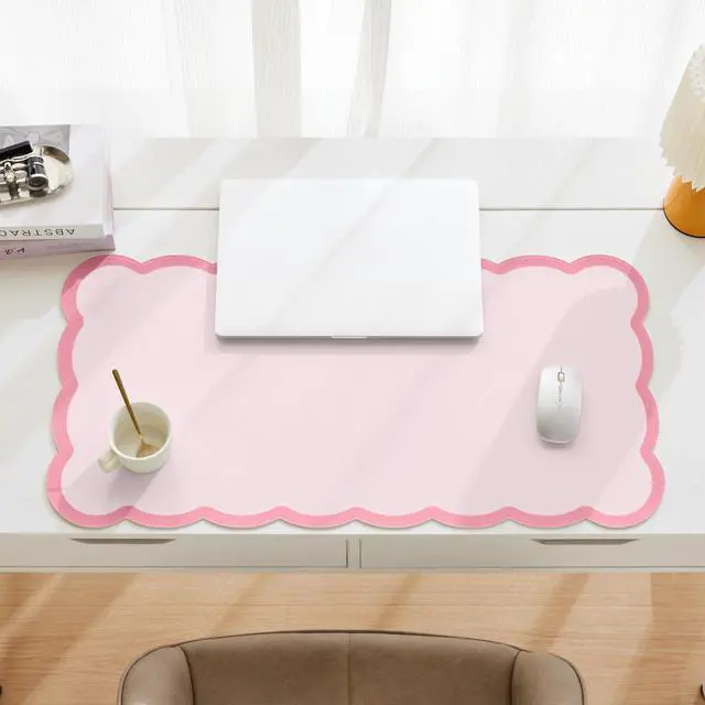 Alt view image 3 of 6 - Scalloped Desk Mat, 31.5" x 15.7" Large Cute Aesthetic Desk Accessories, PU Leather Computer Laptop Desk Mouse Keyboard Pad, Desk Writing Mat for Vanity/Work/Home Decor (Pink, 31.5" x 15.7")