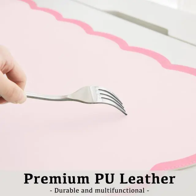 Alt view image 4 of 6 - Scalloped Desk Mat, 31.5" x 15.7" Large Cute Aesthetic Desk Accessories, PU Leather Computer Laptop Desk Mouse Keyboard Pad, Desk Writing Mat for Vanity/Work/Home Decor (Pink, 31.5" x 15.7")