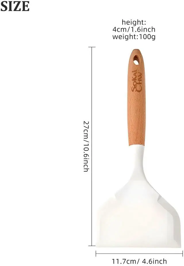 Alt view image 2 of 6 - Wide silicone spatula tamagoyaki shovel turner for Omelette pan pancakes, eggs, fish, steak and pizza, Nonstick cookware, Wooden handle (White)