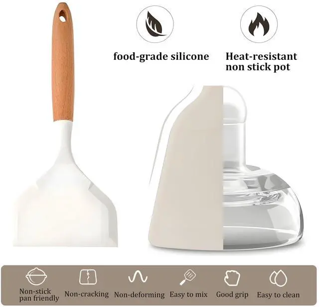 Alt view image 4 of 6 - Wide silicone spatula tamagoyaki shovel turner for Omelette pan pancakes, eggs, fish, steak and pizza, Nonstick cookware, Wooden handle (White)