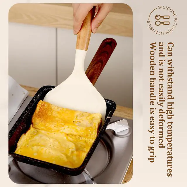 Alt view image 5 of 6 - Wide silicone spatula tamagoyaki shovel turner for Omelette pan pancakes, eggs, fish, steak and pizza, Nonstick cookware, Wooden handle (White)