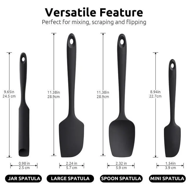 Alt view image 2 of 7 - 600ºF Heat Resistant Silicone Spatulas: Flexible Food-Grade Silicon Baking Scraper, Kitchen Cooking Mixing Utensils with Upgraded Sturdy Handle Tip for Nonstick Cookware (4-Pc., Black)