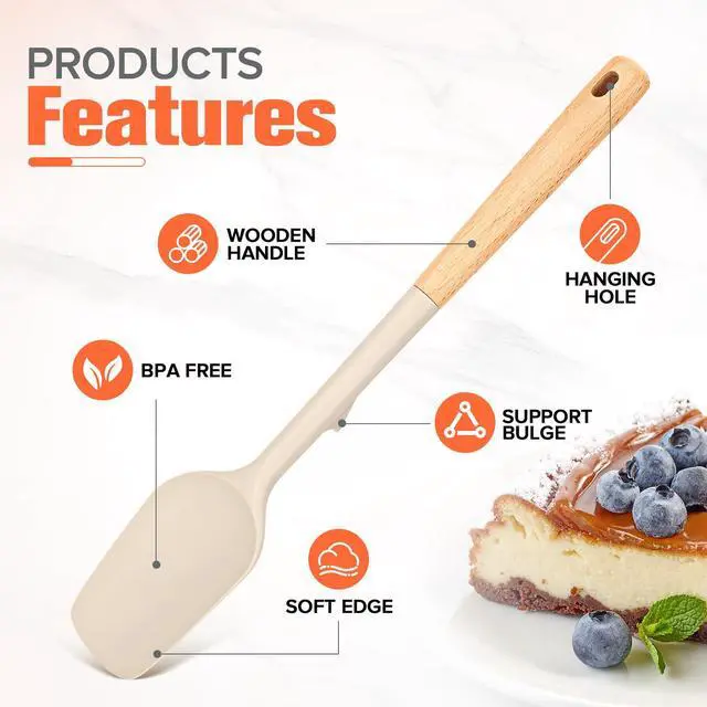 Alt view image 2 of 7 - Large Silicone Rubber Spatula Scrapers 14" with Long Wood Handle, Heat Resistant, Essential Baking Tools for Mixing, Stirring, Scraping, Spreading for Nonstick Cookwares, Pack of 2 (Khaki)