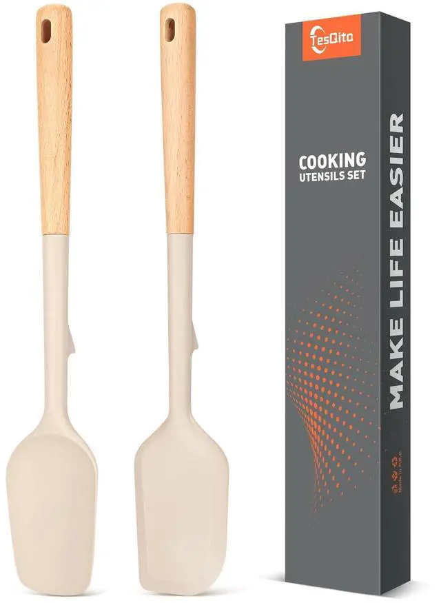 Main image of Large Silicone Rubber Spatula Scrapers 14" with Long Wood Handle, Heat Resistant, Essential Baking Tools for Mixing, Stirring, Scraping, Spreading for Nonstick Cookwares, Pack of 2 (Khaki)