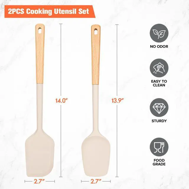Alt view image 6 of 7 - Large Silicone Rubber Spatula Scrapers 14" with Long Wood Handle, Heat Resistant, Essential Baking Tools for Mixing, Stirring, Scraping, Spreading for Nonstick Cookwares, Pack of 2 (Khaki)