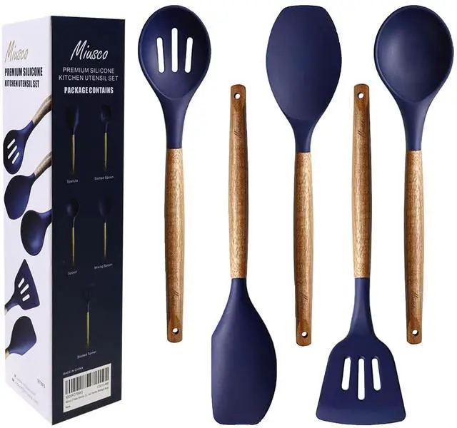 Main image of Non-Stick Silicone Kitchen Utensils Set with Natural Acacia Hard Wood Handle, 5 Piece, Midnight Blue, BPA Free, Baking & Serving Silicone Cooking Utensils
