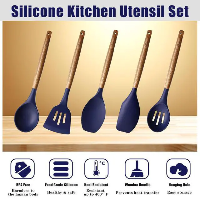 Alt view image 2 of 7 - Non-Stick Silicone Kitchen Utensils Set with Natural Acacia Hard Wood Handle, 5 Piece, Midnight Blue, BPA Free, Baking & Serving Silicone Cooking Utensils