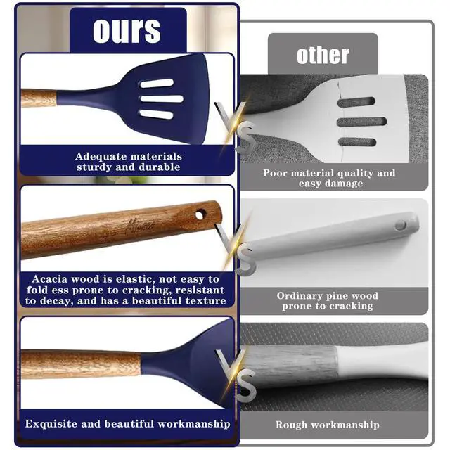 Alt view image 3 of 7 - Non-Stick Silicone Kitchen Utensils Set with Natural Acacia Hard Wood Handle, 5 Piece, Midnight Blue, BPA Free, Baking & Serving Silicone Cooking Utensils