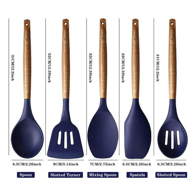 Alt view image 4 of 7 - Non-Stick Silicone Kitchen Utensils Set with Natural Acacia Hard Wood Handle, 5 Piece, Midnight Blue, BPA Free, Baking & Serving Silicone Cooking Utensils