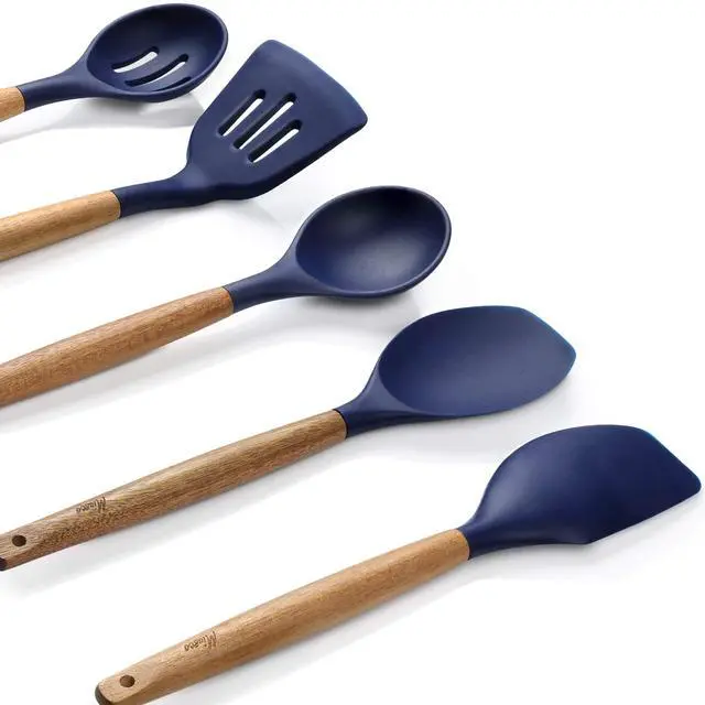 Alt view image 5 of 7 - Non-Stick Silicone Kitchen Utensils Set with Natural Acacia Hard Wood Handle, 5 Piece, Midnight Blue, BPA Free, Baking & Serving Silicone Cooking Utensils