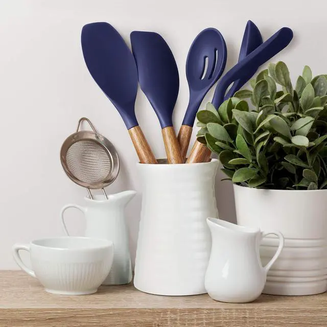 Alt view image 7 of 7 - Non-Stick Silicone Kitchen Utensils Set with Natural Acacia Hard Wood Handle, 5 Piece, Midnight Blue, BPA Free, Baking & Serving Silicone Cooking Utensils