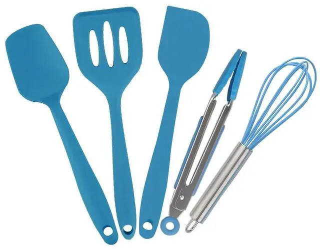 Main image of Mini Kitchen Utensil Set - Five-Piece Set, Tiny Silicone Kids Kitchen Tools - Whisk, Tongs, Spoon, Slotted Spatula - Blue