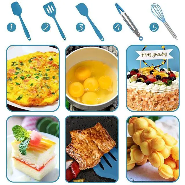 Alt view image 3 of 7 - Mini Kitchen Utensil Set - Five-Piece Set, Tiny Silicone Kids Kitchen Tools - Whisk, Tongs, Spoon, Slotted Spatula - Blue