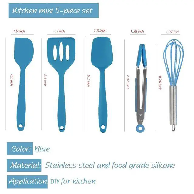 Alt view image 7 of 7 - Mini Kitchen Utensil Set - Five-Piece Set, Tiny Silicone Kids Kitchen Tools - Whisk, Tongs, Spoon, Slotted Spatula - Blue