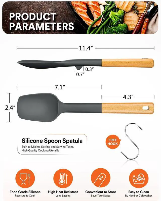 Alt view image 2 of 7 - Silicone Spoon Spatula, Great For Scraping Bowls And Scooping Batter, Sturdy Bpa-Free Matte Silicone, Wooden Handle Rubber Spatula For Nonstick Cookwares (GREY)