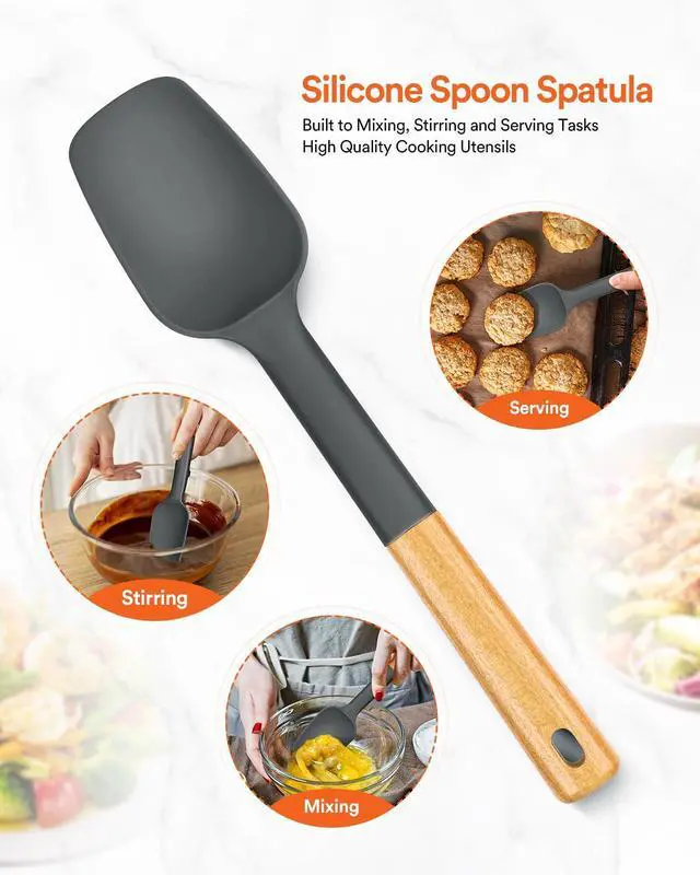 Alt view image 5 of 7 - Silicone Spoon Spatula, Great For Scraping Bowls And Scooping Batter, Sturdy Bpa-Free Matte Silicone, Wooden Handle Rubber Spatula For Nonstick Cookwares (GREY)