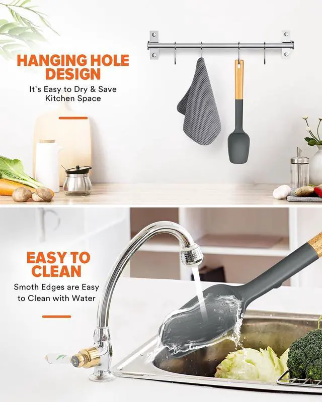 Alt view image 7 of 7 - Silicone Spoon Spatula, Great For Scraping Bowls And Scooping Batter, Sturdy Bpa-Free Matte Silicone, Wooden Handle Rubber Spatula For Nonstick Cookwares (GREY)
