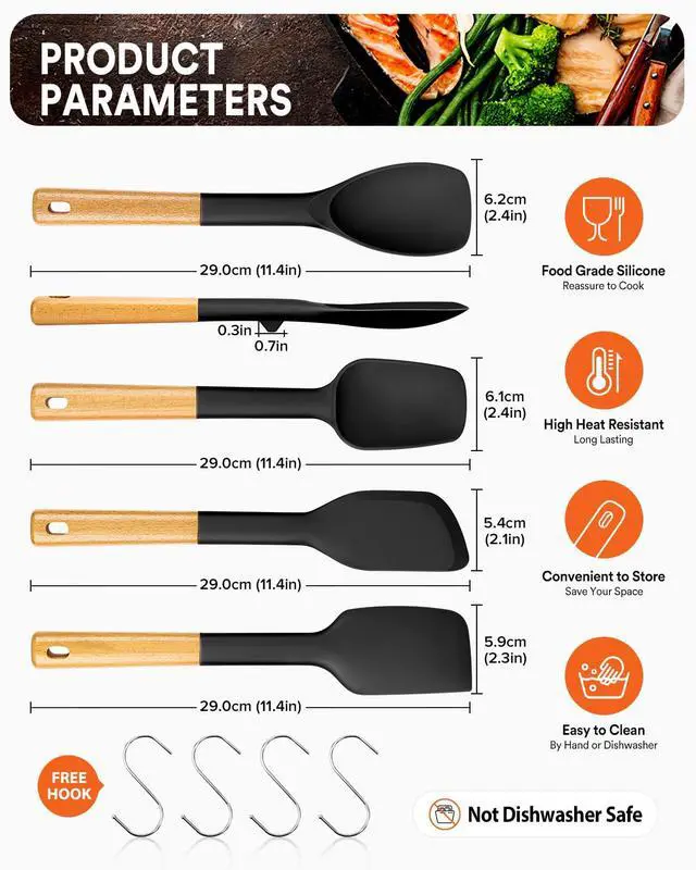 Alt view image 2 of 7 - Silicone Spatula Spoon Set, Great for Mixing, Folding, Scraping, and Spreading, Sturdy BPA-Free Matte Silicone, Wooden Handle Rubber Spoonula for Nonstick Cookwares,4 Pack (BLACK)
