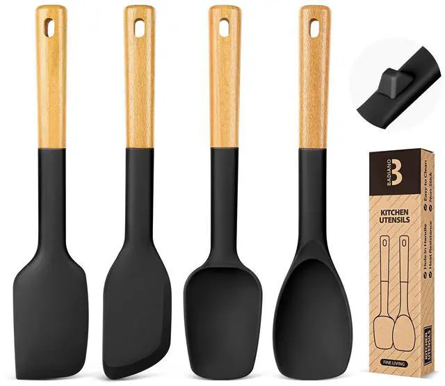 Main image of Silicone Spatula Spoon Set, Great for Mixing, Folding, Scraping, and Spreading, Sturdy BPA-Free Matte Silicone, Wooden Handle Rubber Spoonula for Nonstick Cookwares,4 Pack (BLACK)
