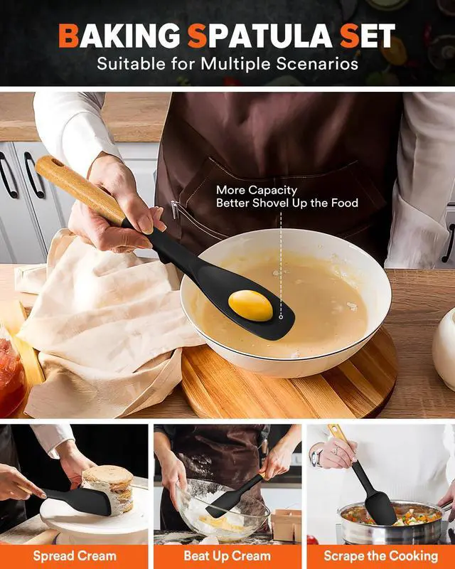 Alt view image 4 of 7 - Silicone Spatula Spoon Set, Great for Mixing, Folding, Scraping, and Spreading, Sturdy BPA-Free Matte Silicone, Wooden Handle Rubber Spoonula for Nonstick Cookwares,4 Pack (BLACK)