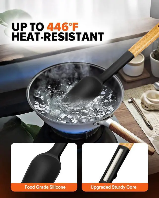 Alt view image 5 of 7 - Silicone Spatula Spoon Set, Great for Mixing, Folding, Scraping, and Spreading, Sturdy BPA-Free Matte Silicone, Wooden Handle Rubber Spoonula for Nonstick Cookwares,4 Pack (BLACK)