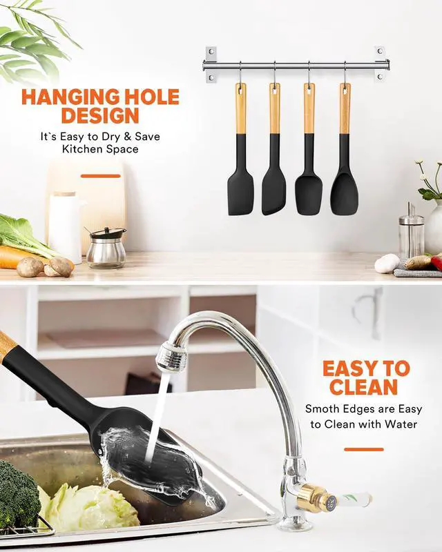 Alt view image 7 of 7 - Silicone Spatula Spoon Set, Great for Mixing, Folding, Scraping, and Spreading, Sturdy BPA-Free Matte Silicone, Wooden Handle Rubber Spoonula for Nonstick Cookwares,4 Pack (BLACK)