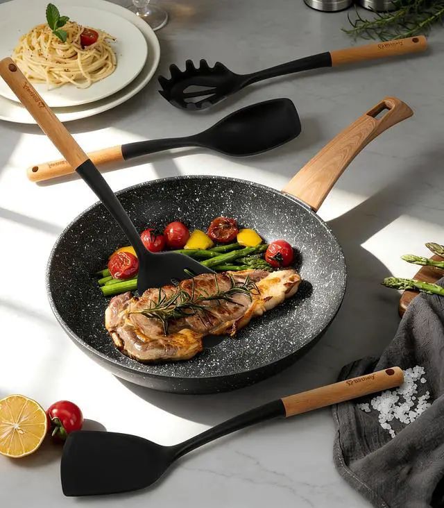 Alt view image 2 of 7 - Large Silicone Kitchen Utensils Set, 6 PCS Nonstick Cooking Utensils Set with Wooden Handle, Heat Resistant and BPA Free Silicone Utensil Spatula Set for Cooking with Turner, Spoon and Ladle(Black)