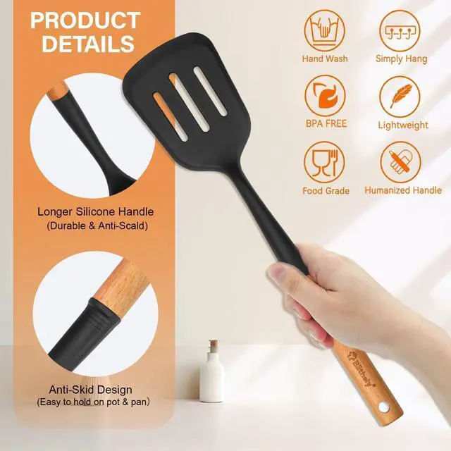 Alt view image 3 of 7 - Large Silicone Kitchen Utensils Set, 6 PCS Nonstick Cooking Utensils Set with Wooden Handle, Heat Resistant and BPA Free Silicone Utensil Spatula Set for Cooking with Turner, Spoon and Ladle(Black)