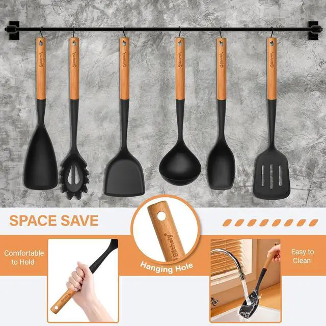 Alt view image 7 of 7 - Large Silicone Kitchen Utensils Set, 6 PCS Nonstick Cooking Utensils Set with Wooden Handle, Heat Resistant and BPA Free Silicone Utensil Spatula Set for Cooking with Turner, Spoon and Ladle(Black)