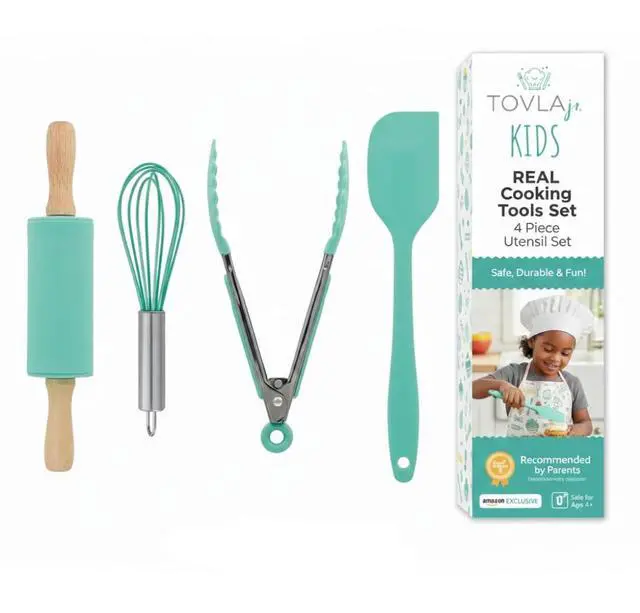 Main image of Kids Cooking Utensils Set - 4-Piece Kids Kitchen Tools - Safe Baking Set - Food Grade Toddler Chef Supplies - Gender Neutral Silicone Cookware Kit with Spatula Whisk Tongs Rolling Pin