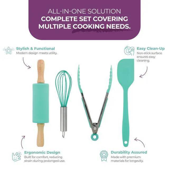 Alt view image 3 of 6 - Kids Cooking Utensils Set - 4-Piece Kids Kitchen Tools - Safe Baking Set - Food Grade Toddler Chef Supplies - Gender Neutral Silicone Cookware Kit with Spatula Whisk Tongs Rolling Pin