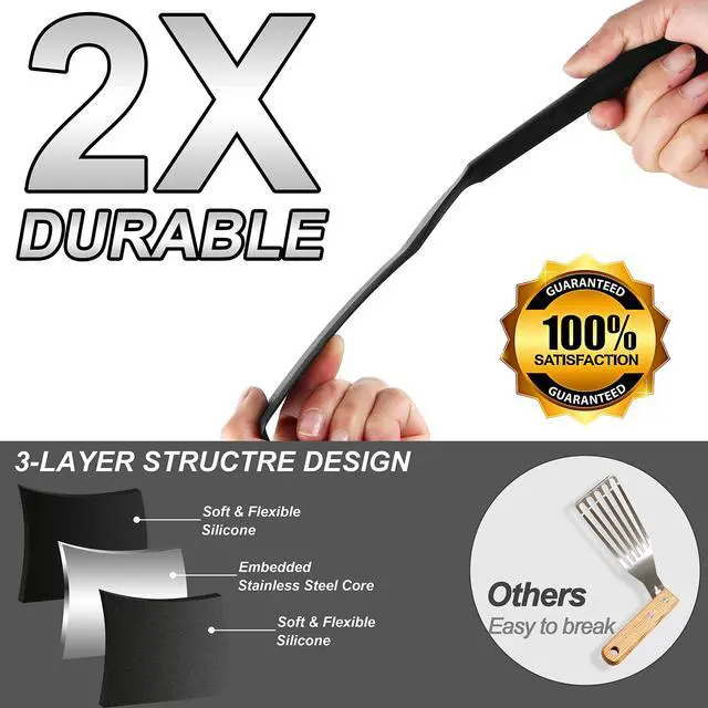 Alt view image 5 of 7 - Silicone Thin Spatula Set of 2 - Mini Brownie Serving Spatulas - Non Stick Spurtle Turner for Easy Cooking Eggs, Omelet, Pancake, Burgers, Pizza, Steak, Crepes, Heat Resistant & BPA Free