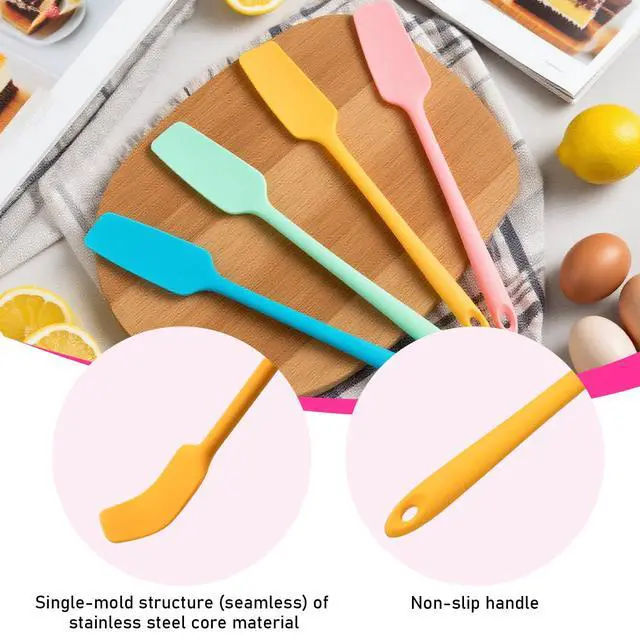 Alt view image 4 of 5 - Silicone Jar Spatulas 4 Pack | Long Handle Heat Resistant 600°F Non-Stick Scrapers | for Mason Jars, Baking, Cake Icing, Jam, Blenders | Small Kitchen Utensils | 4 colors