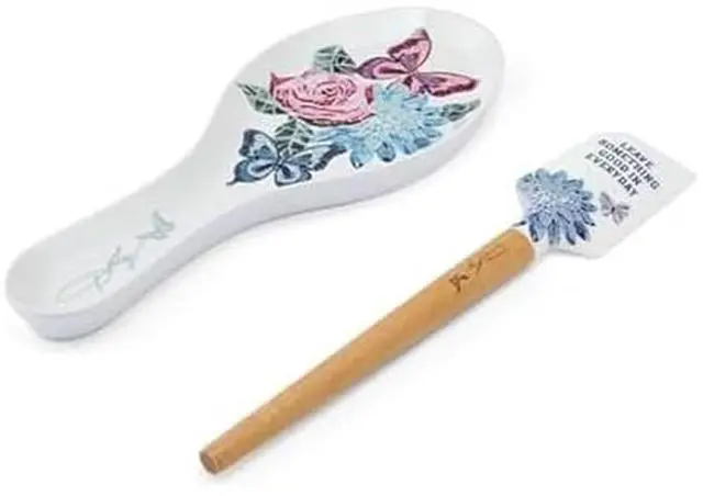 Main image of Spatula and Spoon Rest Set - Rose Kitchen Utensils with Floral and Butterfly Pattern Design - Heat Resistant Silicone Cooking Tools - 2 Piece Baking Essentials Set