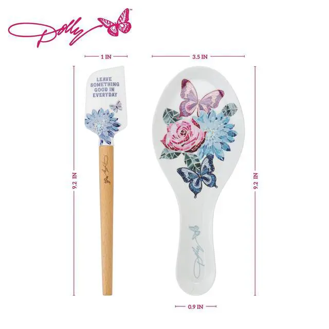 Alt view image 2 of 6 - Spatula and Spoon Rest Set - Rose Kitchen Utensils with Floral and Butterfly Pattern Design - Heat Resistant Silicone Cooking Tools - 2 Piece Baking Essentials Set
