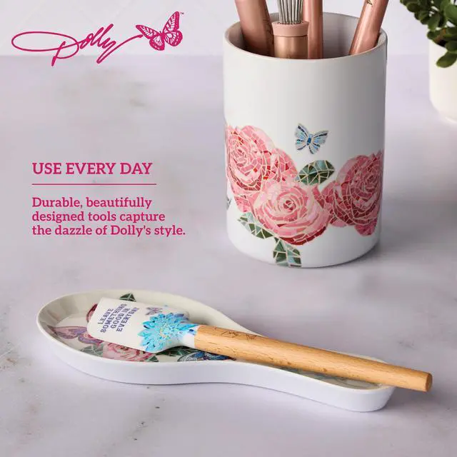 Alt view image 3 of 6 - Spatula and Spoon Rest Set - Rose Kitchen Utensils with Floral and Butterfly Pattern Design - Heat Resistant Silicone Cooking Tools - 2 Piece Baking Essentials Set
