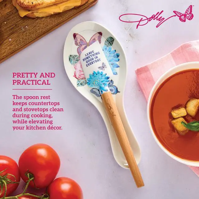 Alt view image 4 of 6 - Spatula and Spoon Rest Set - Rose Kitchen Utensils with Floral and Butterfly Pattern Design - Heat Resistant Silicone Cooking Tools - 2 Piece Baking Essentials Set