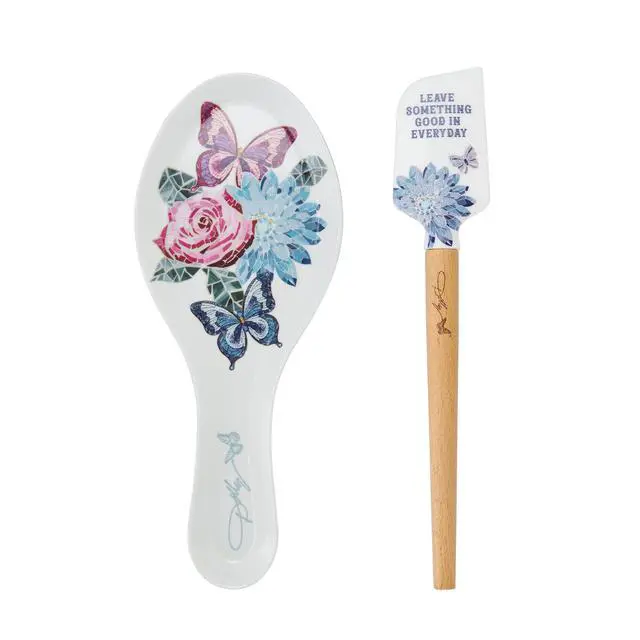 Alt view image 6 of 6 - Spatula and Spoon Rest Set - Rose Kitchen Utensils with Floral and Butterfly Pattern Design - Heat Resistant Silicone Cooking Tools - 2 Piece Baking Essentials Set