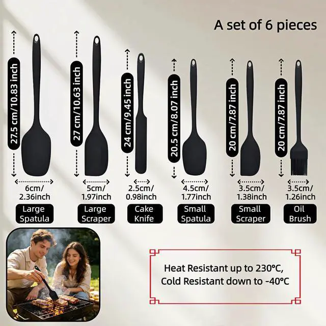 Alt view image 6 of 7 - 6-Piece Silicone Spatula Set, Heat Resistant Up to 230°C, Non-Scratch Non-Stick Cookware, Seamless One-Piece Design,with Pastry Brush for Baking Cooking Mixing (Black)