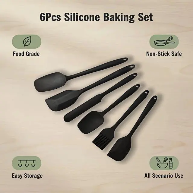 Alt view image 7 of 7 - 6-Piece Silicone Spatula Set, Heat Resistant Up to 230°C, Non-Scratch Non-Stick Cookware, Seamless One-Piece Design,with Pastry Brush for Baking Cooking Mixing (Black)