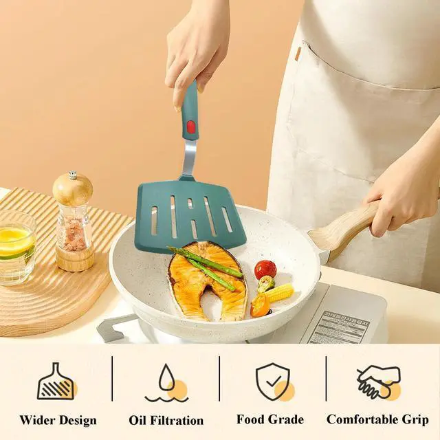 Alt view image 2 of 7 - Silicone Spatula Turner, Heat Resistant Pancake Spatulas for Nonstick Cookware Pan, Wide Slotted Omelette Egg Spatula Fish Spatula Cooking Spatula for Kitchen Use Thin Flexible Spatula Dishwasher Safe