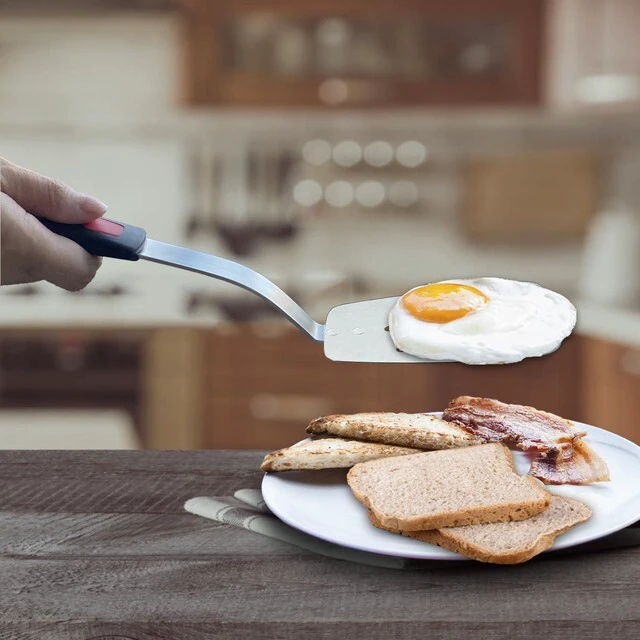Alt view image 3 of 7 - Stainless Steel Spatula, Flexible Metal Slotted Turner for Cast Iron Skillet, Thin Blade and Heat Resistant Silicone Handle, Great for Egg, Cookie, Meat, Crep, Small