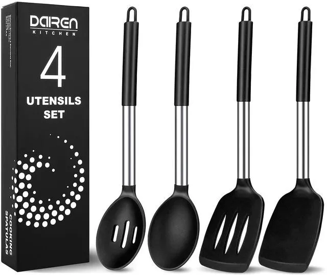Main image of Large Silicone Cooking Spatulas and Spoons, BPA Free, 4 Pack (Black)
