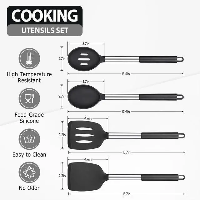Alt view image 2 of 7 - Large Silicone Cooking Spatulas and Spoons, BPA Free, 4 Pack (Black)