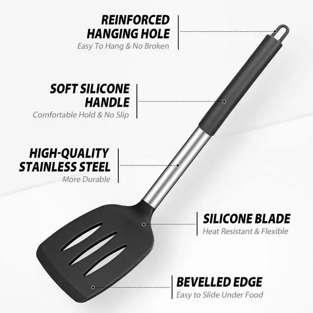 Alt view image 3 of 7 - Large Silicone Cooking Spatulas and Spoons, BPA Free, 4 Pack (Black)