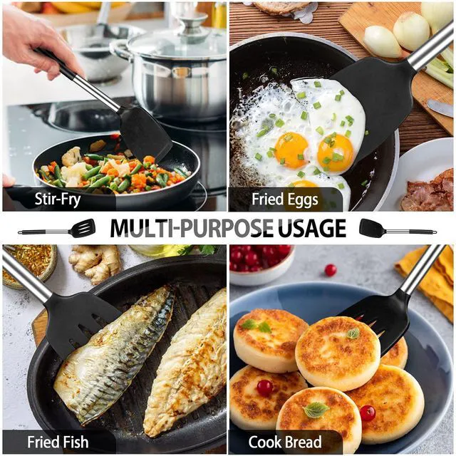 Alt view image 4 of 7 - Large Silicone Cooking Spatulas and Spoons, BPA Free, 4 Pack (Black)