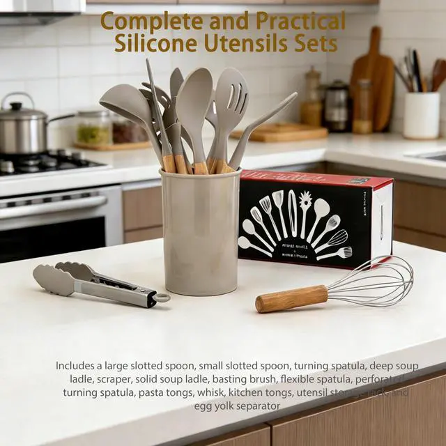 Alt view image 2 of 7 - Silicone Cooking Utensils Set - 446°F Heat Resistant Silicone Kitchen Utensils Set, Spatula,Turner Tongs, Spoon, Whisk,Kitchen Gadgets for Nonstick Cookware, BPA FreeKhaki